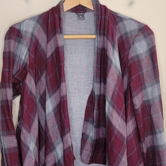 Eddie Bauer | Burgundy Plaid Draped Front Open Cardigan Top - Picture 2 of 5